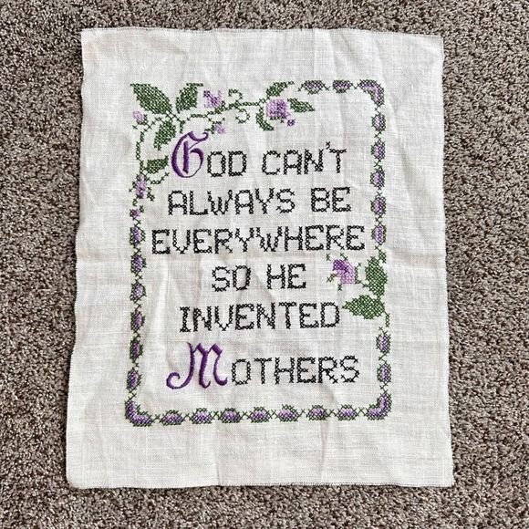 Vintage Embroidered God Invented Mothers Sampler Folk Art Primitive Handmade 80s - Picture 10 of 10